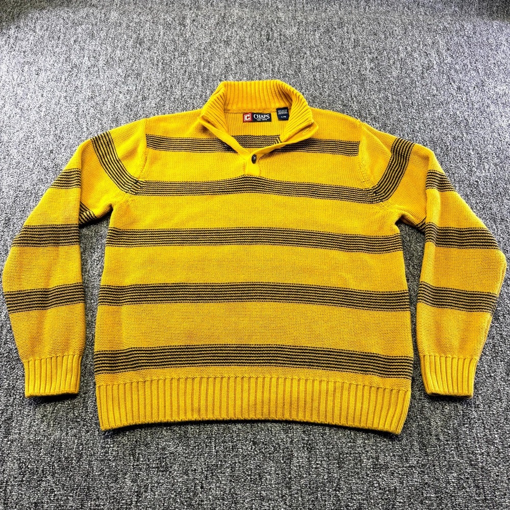 Chaps Sweater Mens Large Black Yellow Striped Cotton Quarter Button Mock Neck